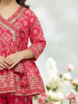 Girls' Fuchsia Pink Block Print Kurti, Sharara, and Dupatta Set with Heavy Embroidery