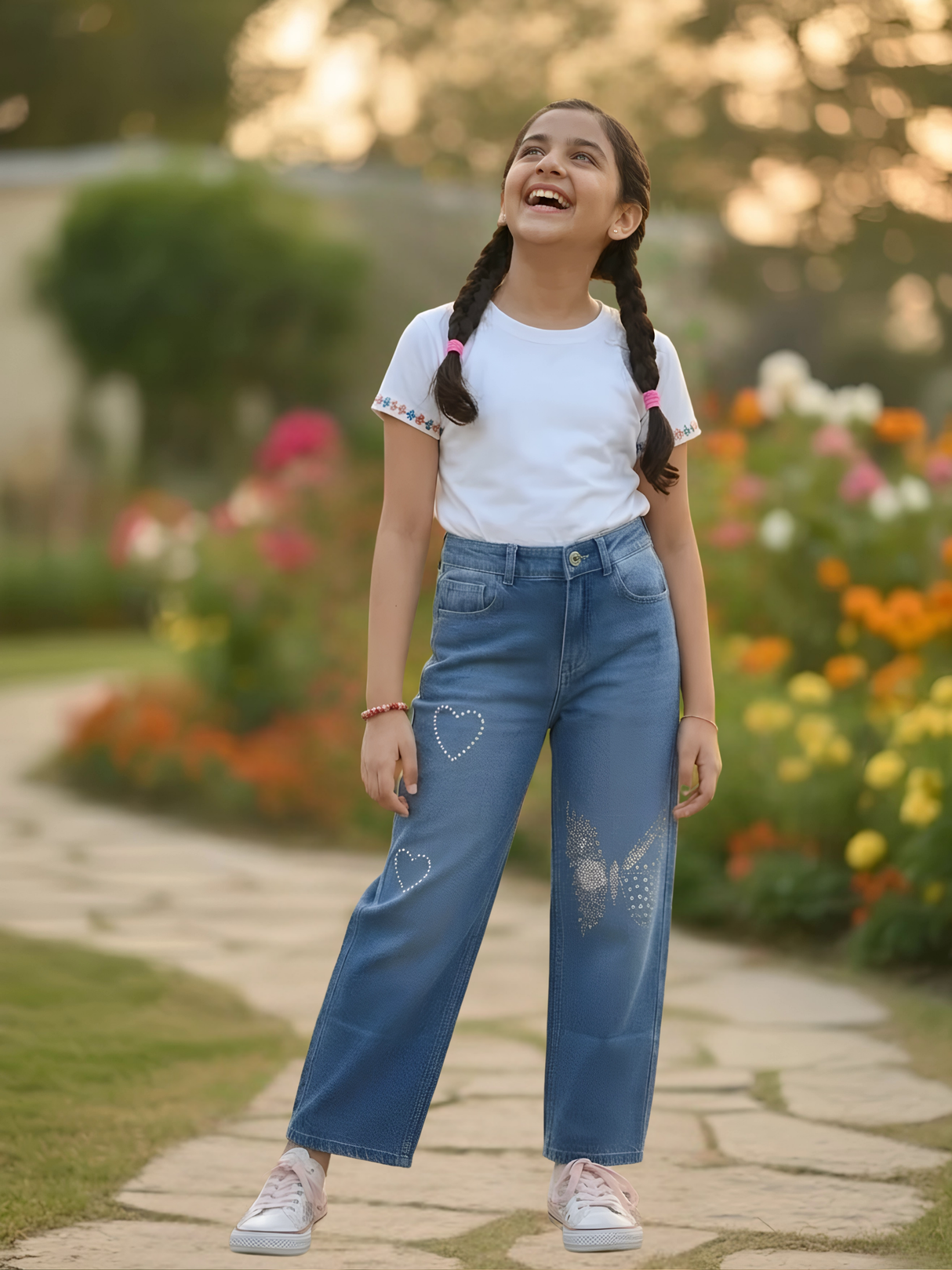 Girls' Embellished Blue Wide-Leg Denim Jeans