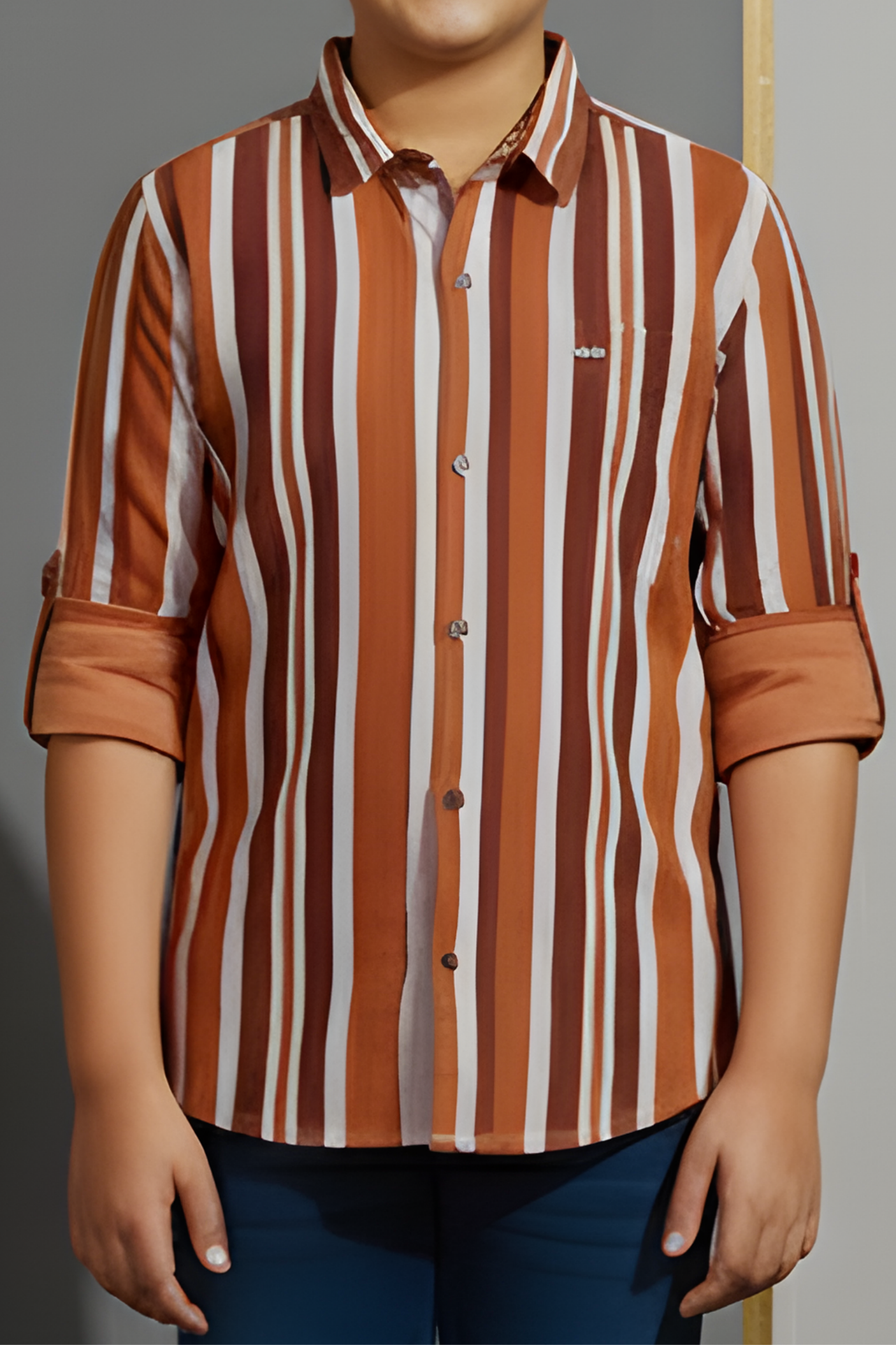 Boys' Contemporary Casual Shirt in Rust Brown and White Vertical Stripes