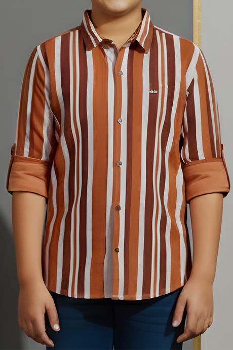 Boys' Contemporary Casual Shirt in Rust Brown and White Vertical Stripes