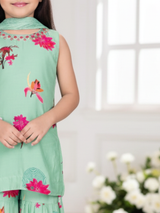 Girls' Stylish Aqua Floral Print Sleeveless Top and Sharara Pants Set.