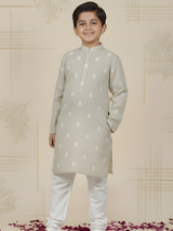 Boys' Mint Green Floral Embroidered Kurta with White Pajama Set
