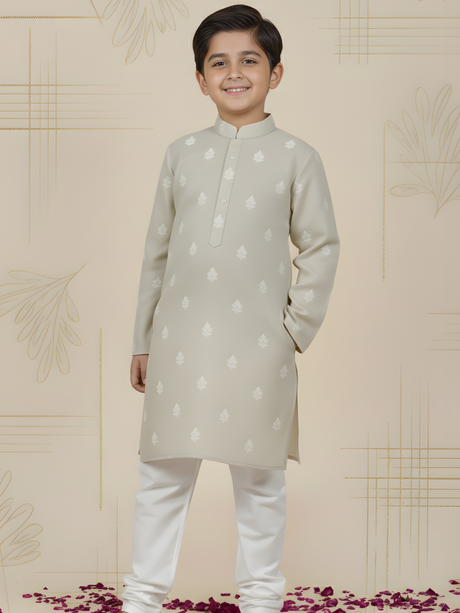 Boys' Mint Green Floral Embroidered Kurta with White Pajama Set