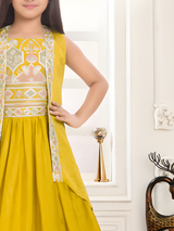 Girls' Embroidered Mustard Yellow Gown with Jacket Overlay
