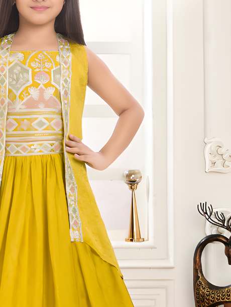 Girls' Embroidered Mustard Yellow Gown with Jacket Overlay