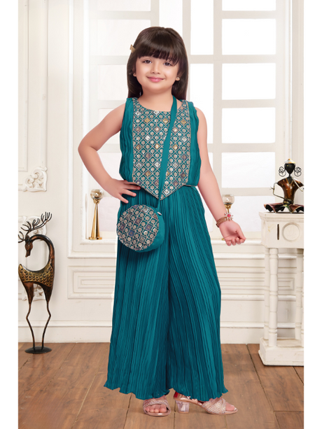 Girls' Festive Multicolored Printed Sleeveless Asymmetric Top and Palazzo Set