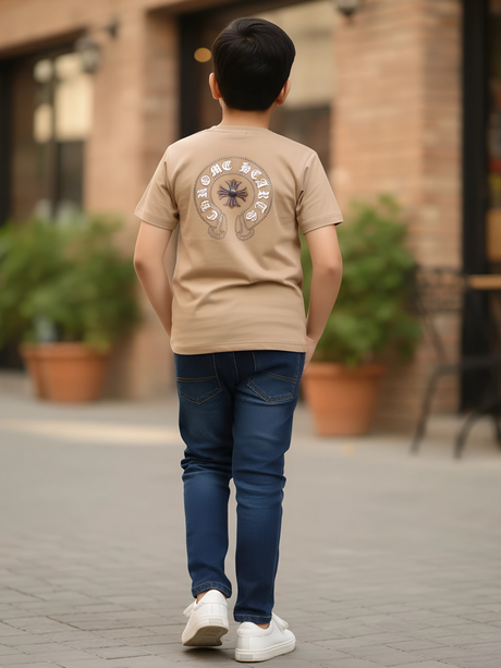 Kids' Faith Cross Logo T-Shirt - Tan/Brown Short Sleeve Tee.