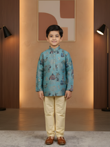 Boys' Teal Batik/Kalamkari Style Scenic Print Kurta Pajama Set