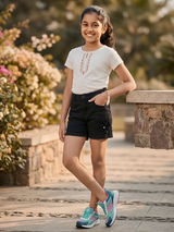 Girls' Black Embroidered Floral Denim Shorts