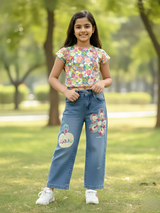 Girls' Floral Patchwork Wide-Leg Blue Denim Jeans