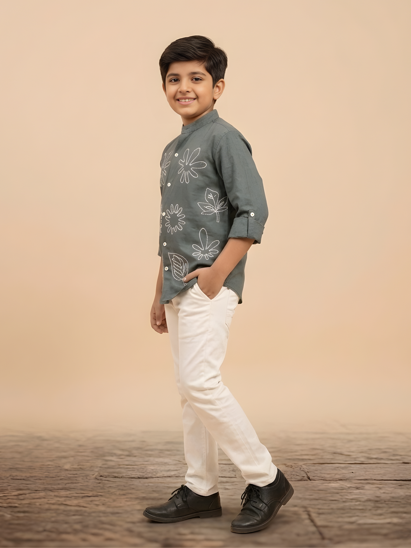 Boys' Dark Green Roll-Up Shirt with White Floral/Leaf Embroidery