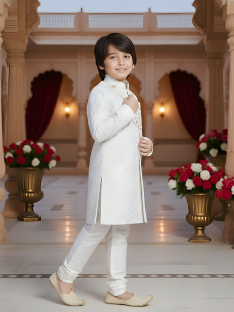 Boys' Ivory White Jacquard Achkan Suit with Churidar