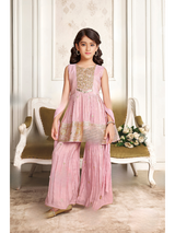 Girls Traditional Sleeves Less Sharara Set - Peach