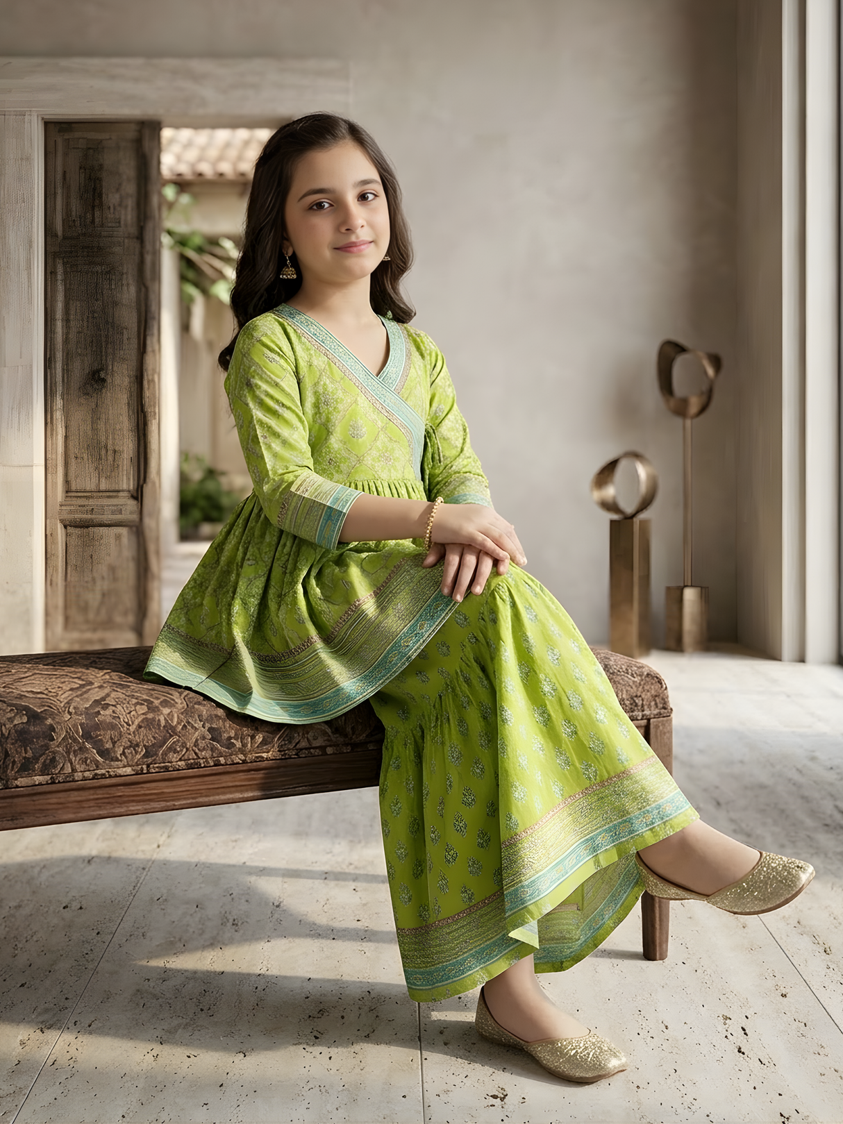 Girls' Elegant Teal Floral Print Angrakha Kurti, Trouser & Dupatta Set