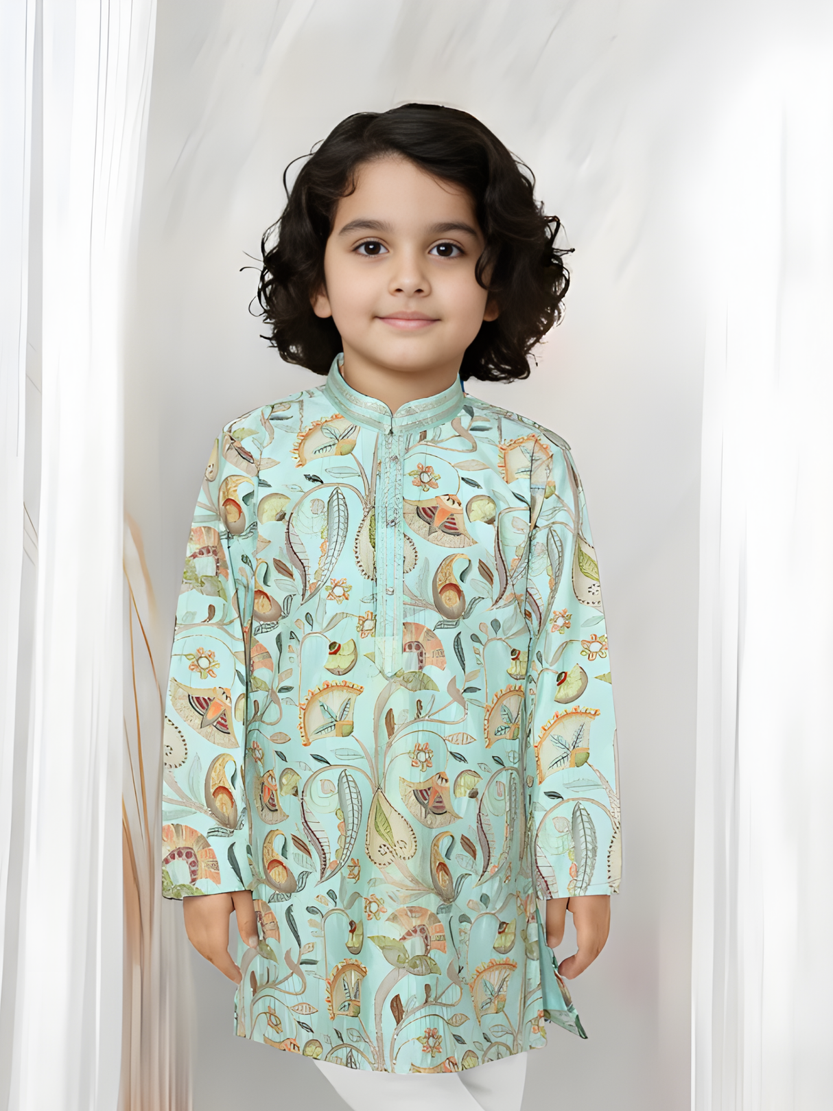 Boys' Festive Mint/Teal Green Printed Kurta and White Pajama Set
