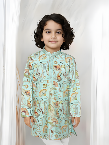 Boys' Festive Mint/Teal Green Printed Kurta and White Pajama Set