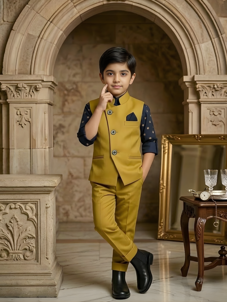 Boys' Yellow Kurta Pajama Set with Multi-Color Floral Printed Nehru Jacket