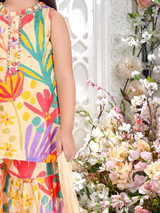 Girls' Cream Floral Print Sharara Suit with Beaded Yoke & Sleeveless Kurti