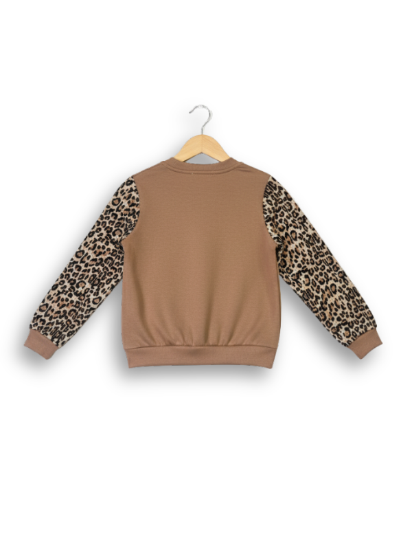 Front view of a girls' brown sweatshirt with long leopard print sleeves and a framed graphic of a girl on the chest, hanging on a wooden hanger.