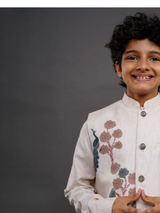 Boys' Cream/Beige Printed Bandhgala Jacket / Sherwani with Peacock Detail