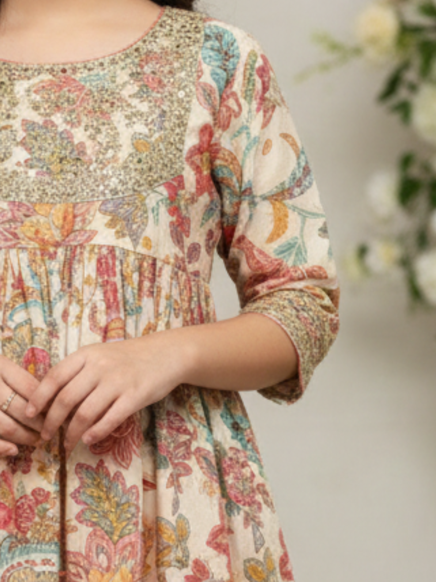 Girls' Elegant Cream Floral Tiered Suit Set with Heavy Sequin Work