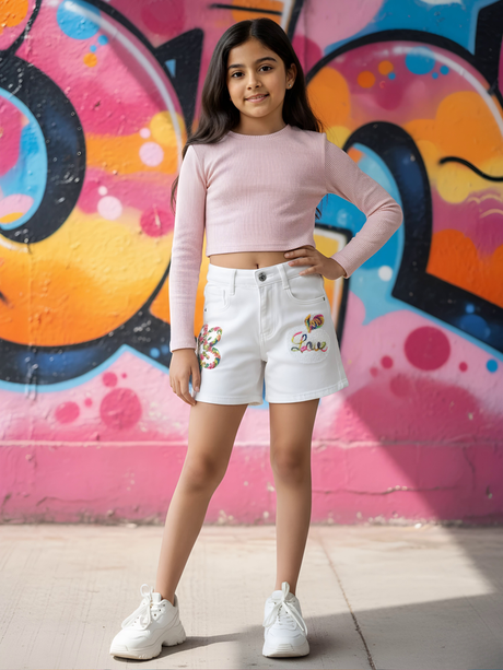 Girls' White Floral & Love Embroidered Denim Shorts
