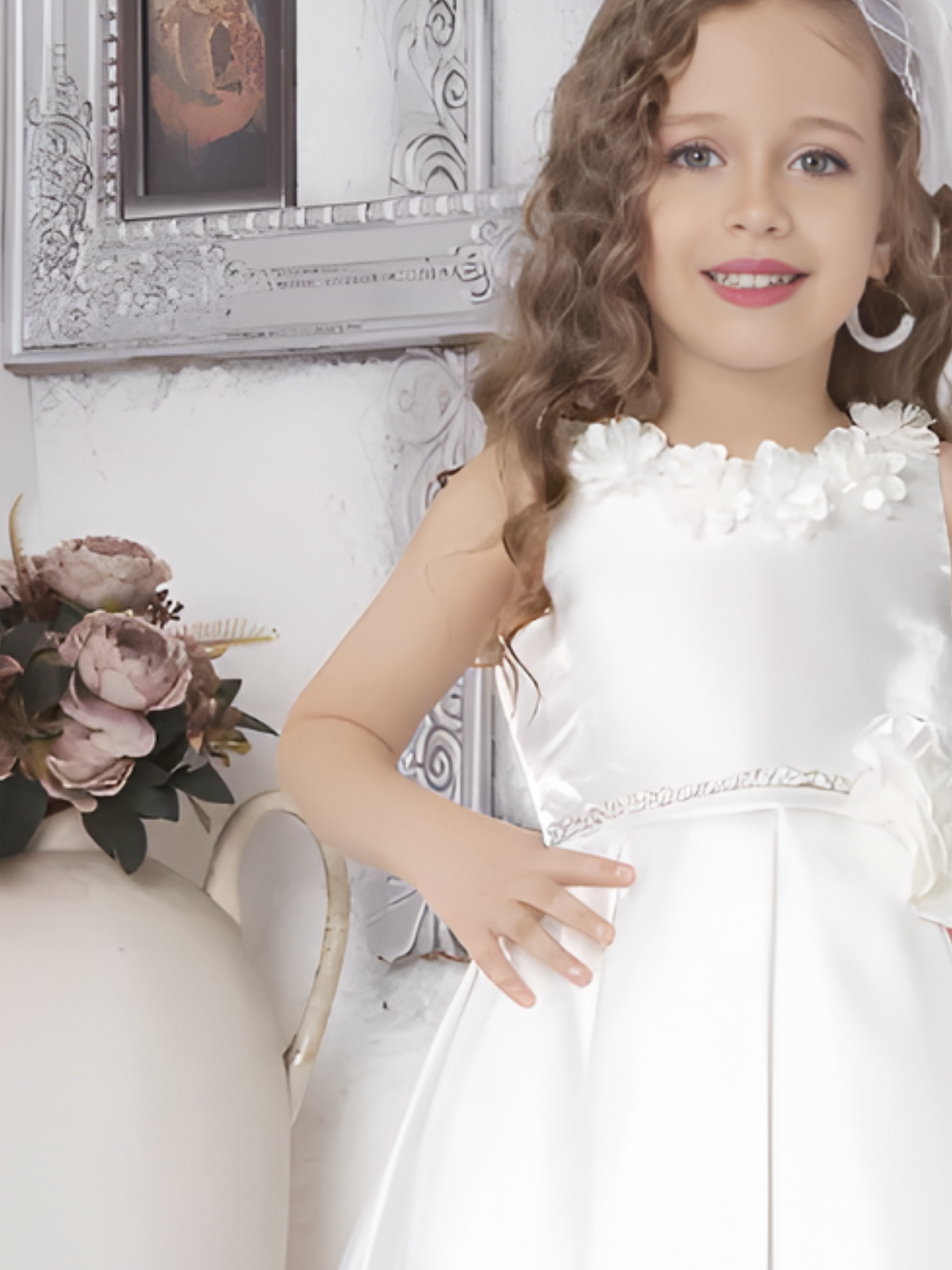 Girls Party Satin Party Frock With Work - White