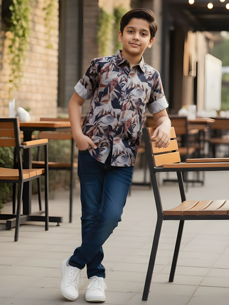 Boys Dark Brown Mosaic Leaf Print Casual Shirt