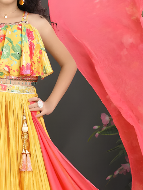 Girls' Festive Marigold Yellow Heavy Paisley Lehenga Choli