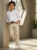 Boys Premium Cream Chino Trousers with Brown Braided Belt