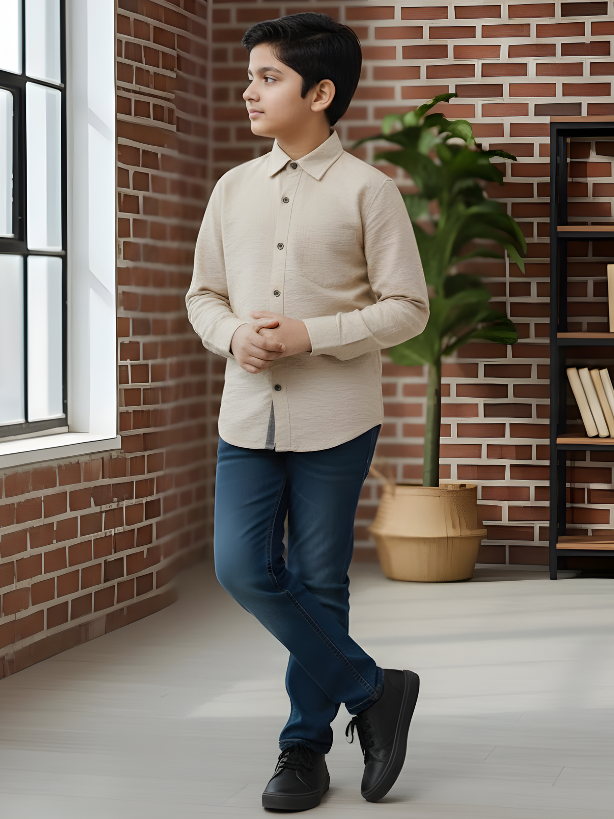 Boys Classic Cream Textured Cotton Casual Shirt