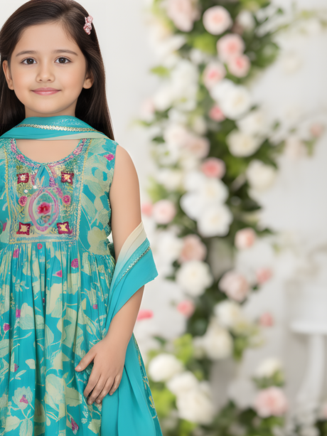 Girls' Aqua Floral Print Kurta Sharara Set | Embroidered Yoke Traditional Dress.