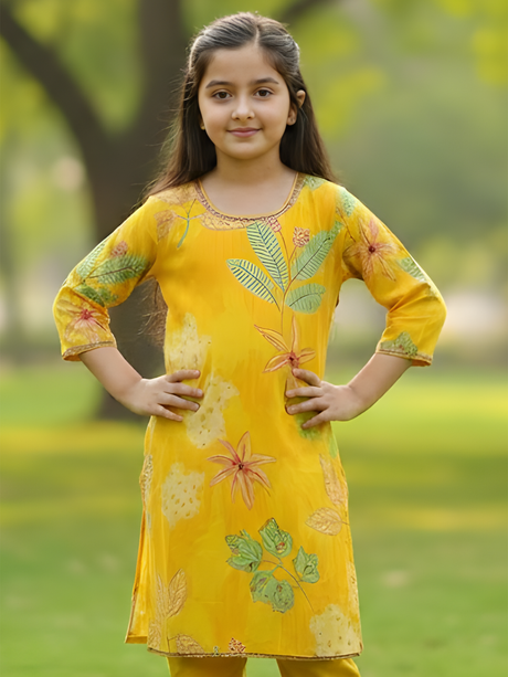 Girls Mustard Yellow Floral Kurta & Pant Set