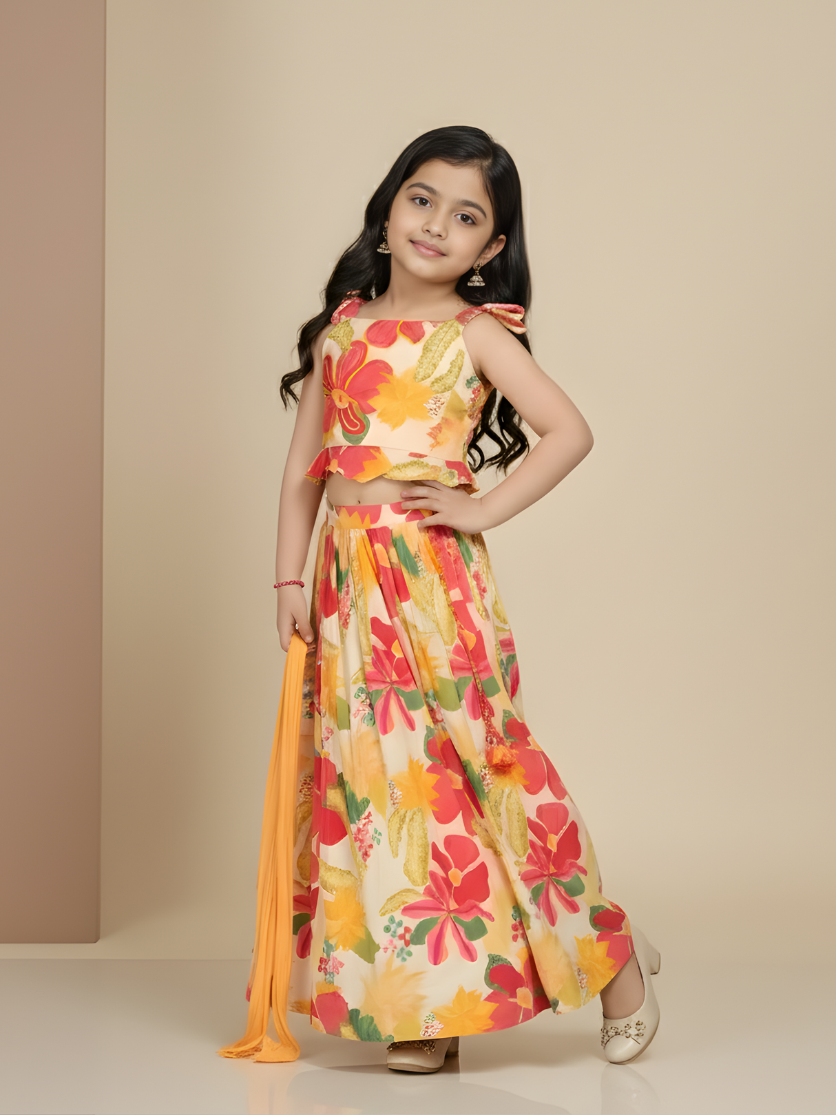 Girls Floral Print Crop Top and Flared Lehenga Set