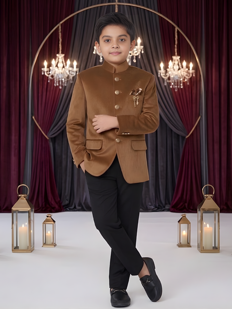 Boys' Camel Brown Velvet Jodhpuri Suit with Black Trousers