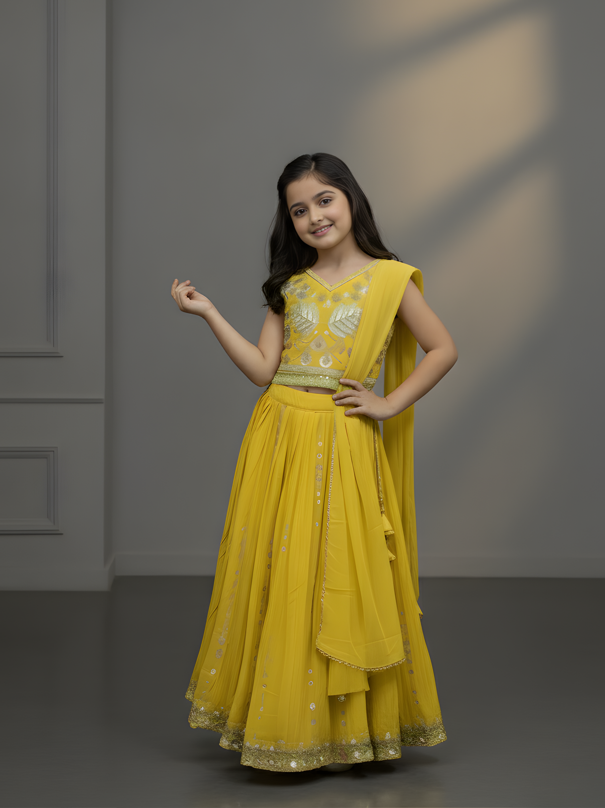 Girls' Vibrant Yellow Embroidered Lehenga Choli Set