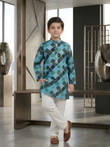 Boys' Blue & Black Geometric Print Kurta with Pyjama Set.