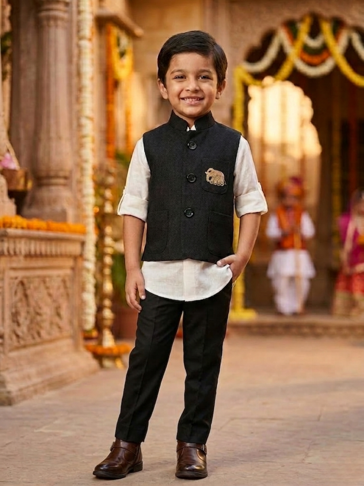 Boys Black Ethnic Waistcoat & White Shirt Set