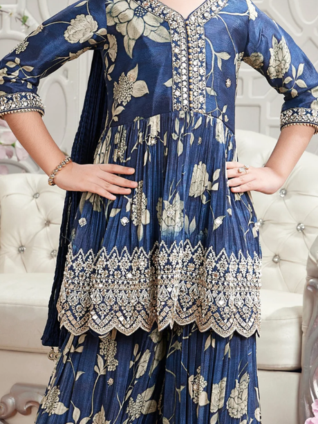 Girls' Elegant Navy Blue & Gold Floral Print Gharara Suit with Embroidery