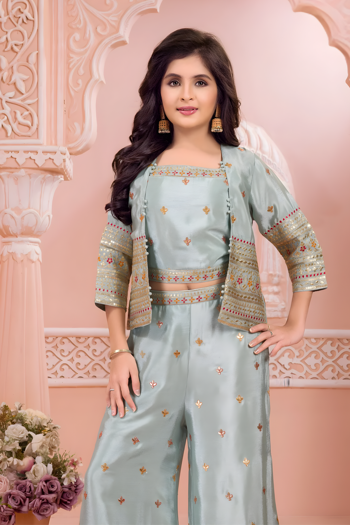 Girls' Pastel Green Three-Piece Sharara Set with Embroidered Shrug