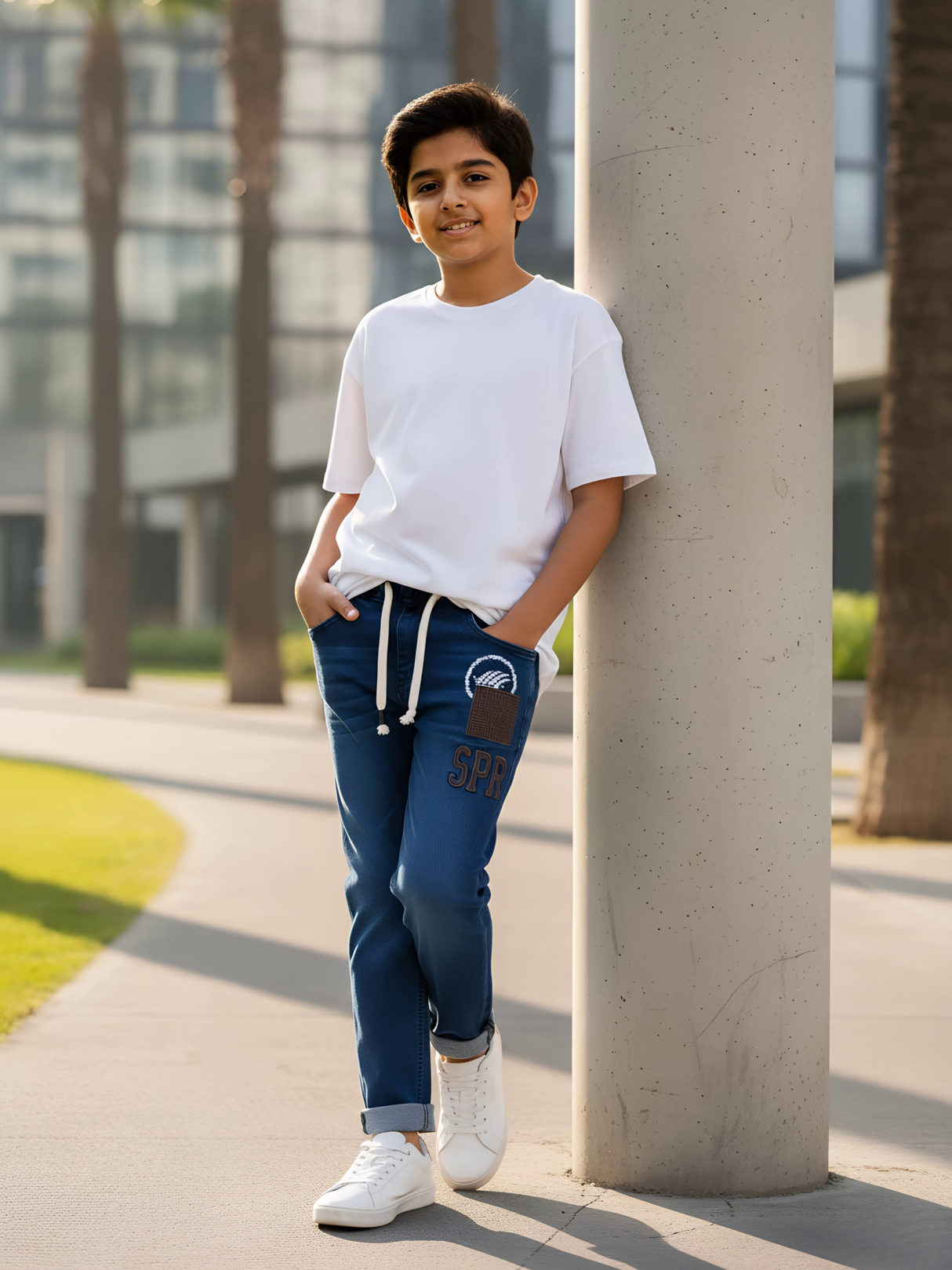 Boys' Dark Wash Denim Patchwork Jeans with Drawstring Waist