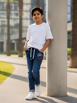 Boys' Dark Wash Denim Patchwork Jeans with Drawstring Waist