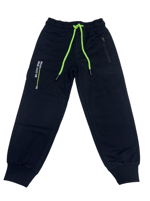Boys Navy blue Jogger Pants with Green Drawstring and Zipper Pockets