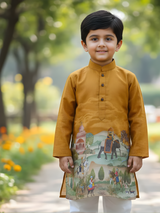 Boys Mustard Yellow Mughal Heritage Printed Kurta Set