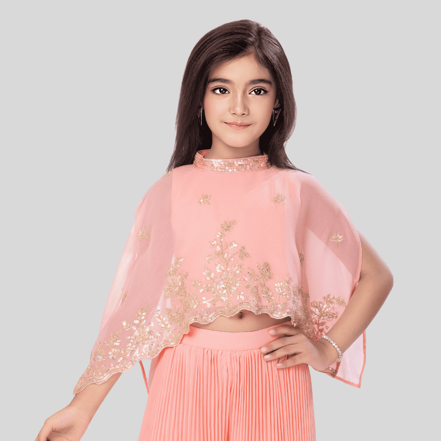 Girls Traditional Sleeves Less Plazo Set - Peach