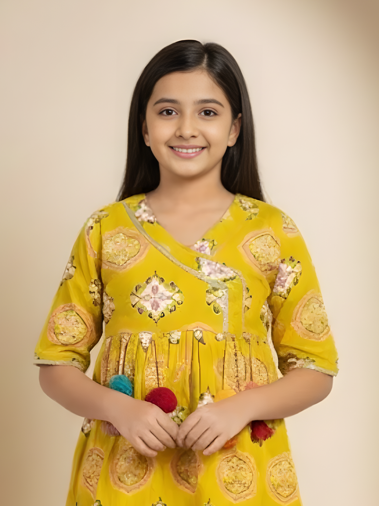 Girls Yellow Angrakha Kurta with Palazzo Set