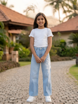 Girls' Light Blue Floral Embroidered Wide-Leg Jeans