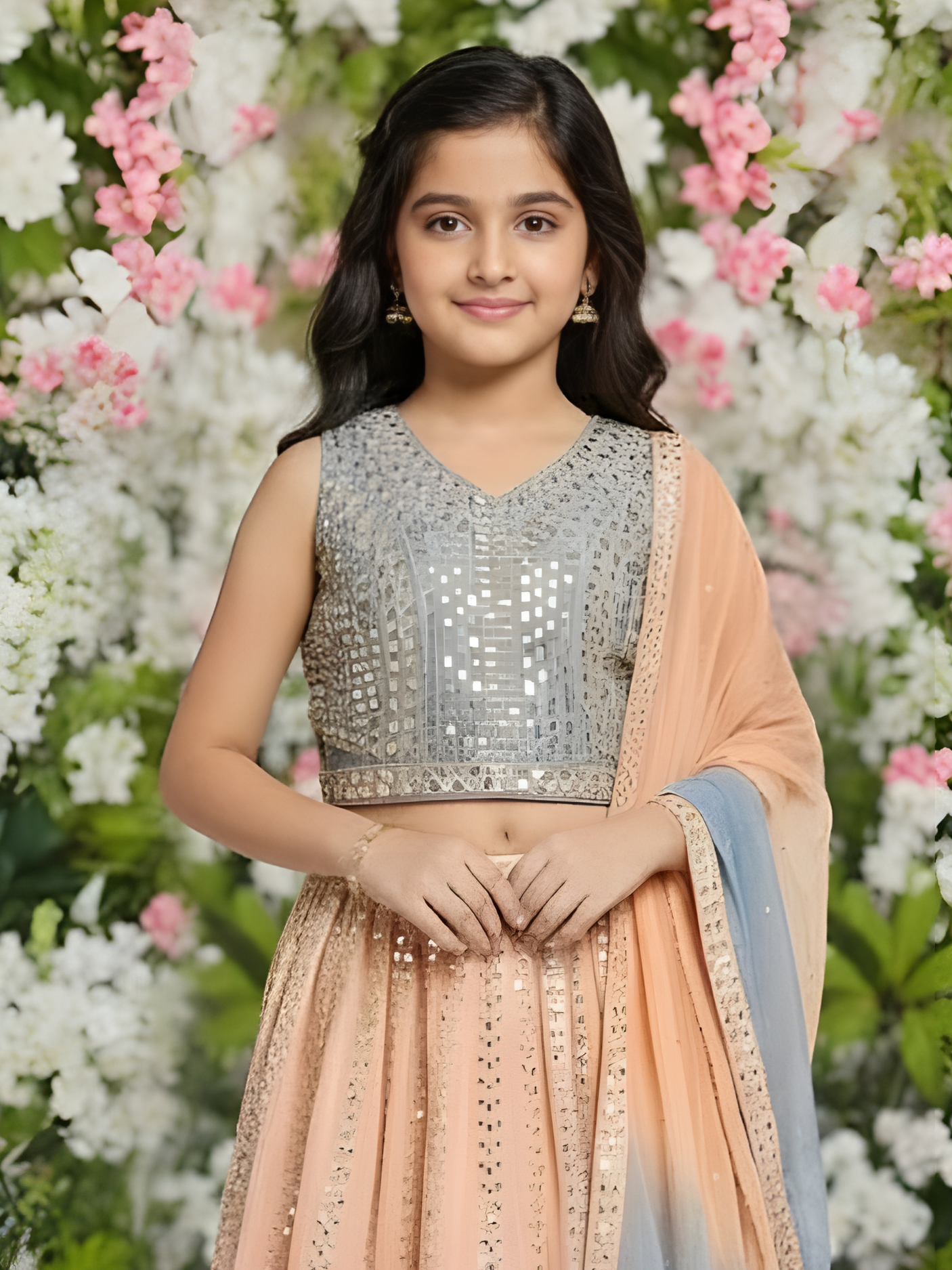 Girls' Peach and Dusty Blue Mirror Work Lehenga Choli Set with Ombre Dupatta
