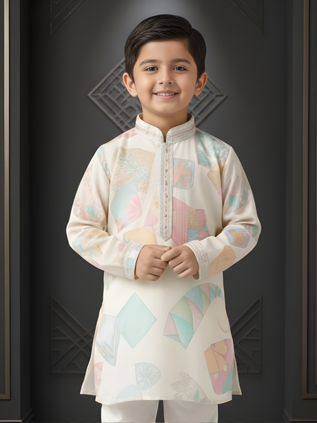 Boys Cream Kurta Set with Pastel Geometric Prints & Embroidered Neckline