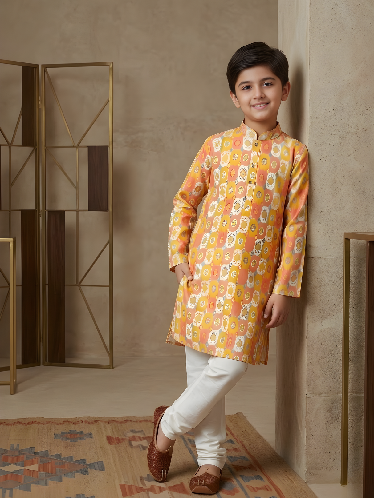 Boys' Yellow & Pink Printed Kurta with Cream Pyjama Set.